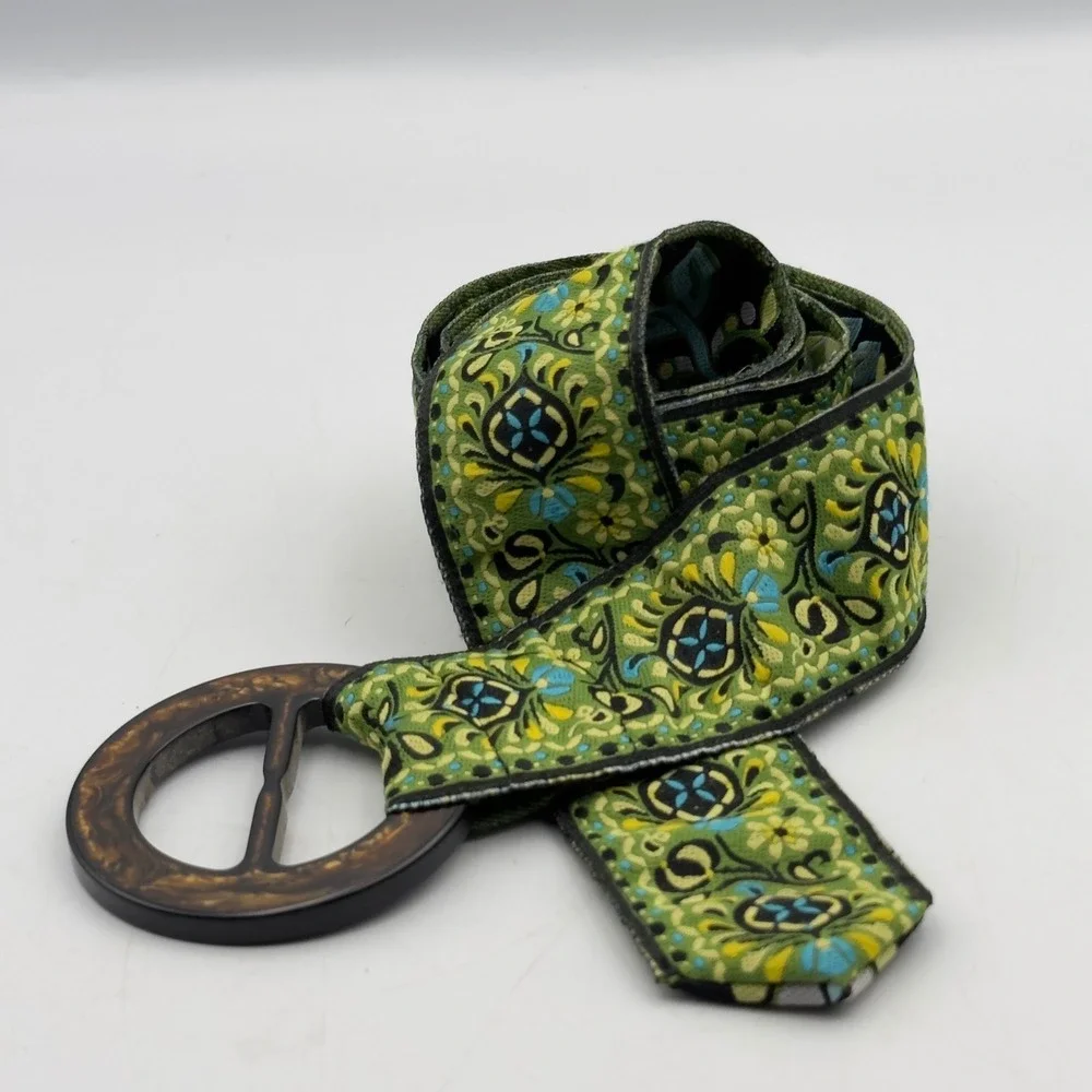 Woven Tapestry Belt Green Floral Paisley Vtg Style 42in Boho Cinch Cottagecore